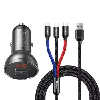 Auto USB lādētājs Baseus AB2XUSBAKBK — 2× USB 2.0, 4.8 A, cigarešu šķiltavas, melns/pelēks