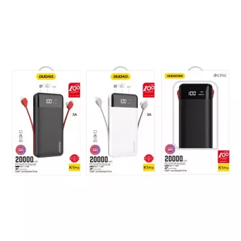 Powerbank Dudao K1Pro 20000mAh 15W ar 4 integrētiem kabeļiem, melns