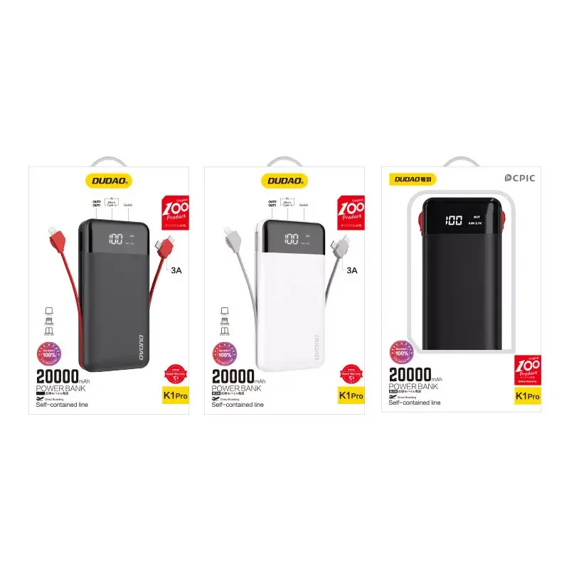 Powerbank Dudao K1Pro 20000mAh 15W ar 4 integrētiem kabeļiem, melns