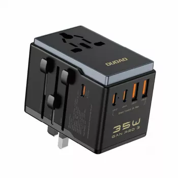 Ceļojumu lādētājs Dudao A35Pro 35W ar 3× USB-C un 2× USB-A, maināmi kontaktdakšas EU/UK/AUS/US/JP — melns
