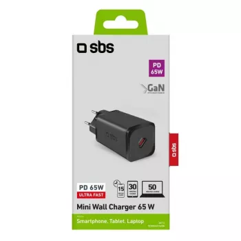 SBS Mobile iekštelpu ātrlādētājs TETRGAN1C65W — 100–240V, 1x USB-C, melns, viedtālrunim, planšetei, klēpjdatoram, viedpulkstenim, austiņām