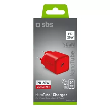 Lādētājs SBS Mobile TETRGAN1C20R — 20W USB-C AC iekštelpu lādētājs viedtālrunim, planšetei, viedpulkstenim, austiņām (sarkans)