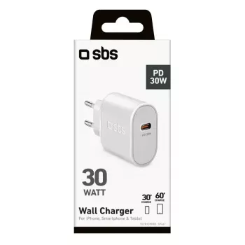 Mobilās ierīces lādētājs SBS Mobile TETR1CPD30 — USB Type-C 1 ports, AC iekštelpu, 100–240V ieeja, līdz 20V izeja, balts