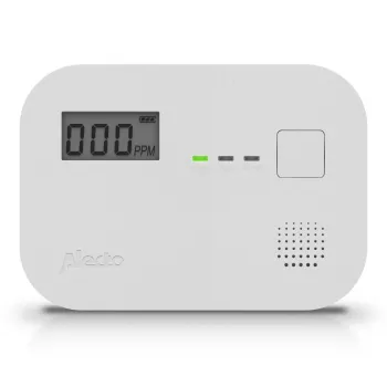 Oglekļa monoksīda detektors Alecto COA3910 — elektroķīmiskais CO sensors, bateriju darbināms, balts, 110×78×37 mm