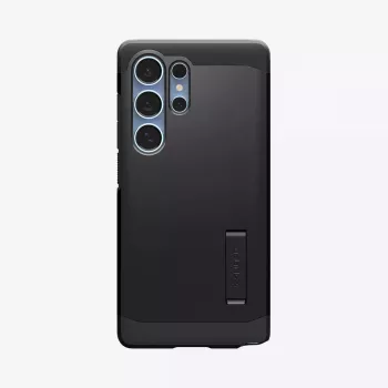 Spigen Tough Armor AI melns vāciņš Galaxy S25 Ultra ar galda statīvu