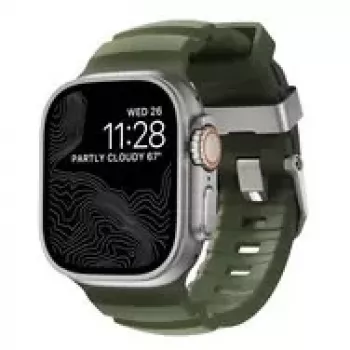 NOMAD Rocky Point Band – siksniņa Apple Watch 46mm/49mm ar FKM un titānu (meža zaļš, dabīga aparatūra)