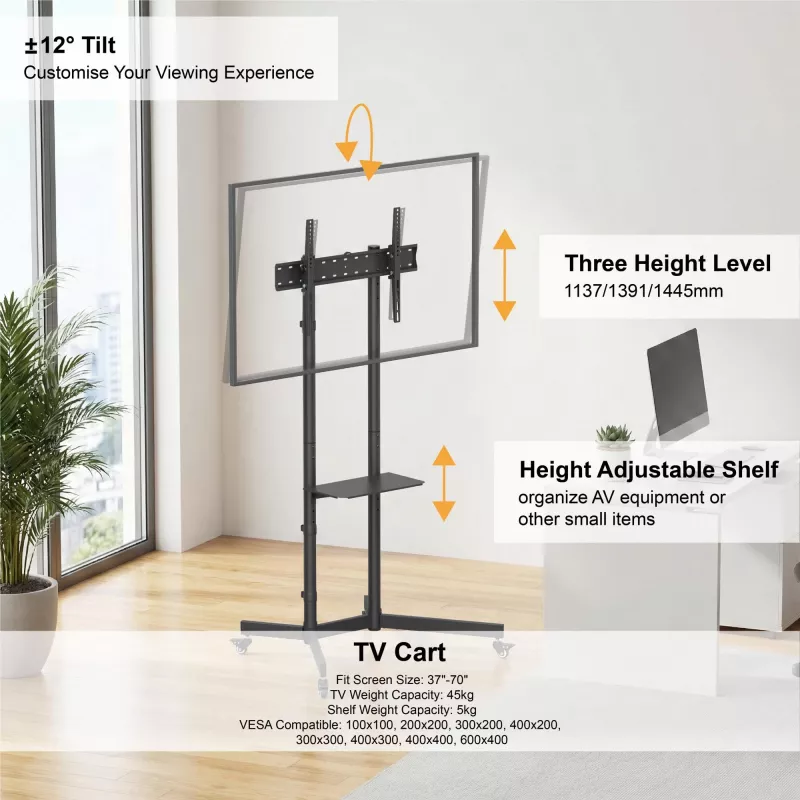 GEMBIRD Mobilais TV statīvs uz riteņiem ar slīpuma regulēšanu 37–70 collām
