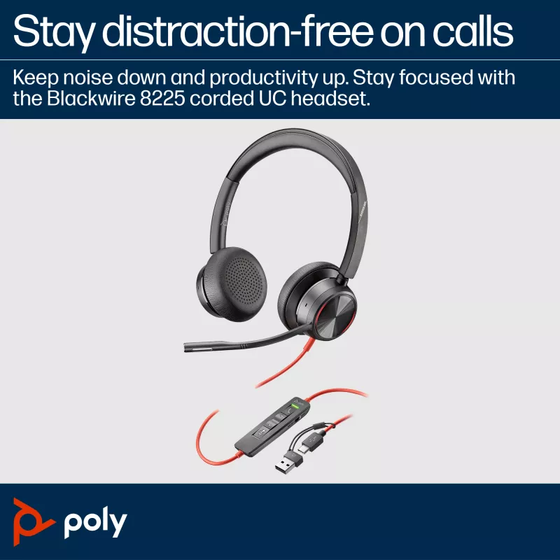HP Poly Blackwire 8225 Stereo USB-C Austiņas + USB-C/A Adapteris