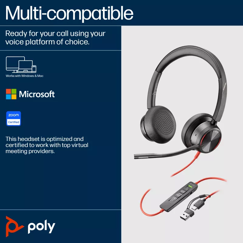 HP Poly Blackwire 8225 Stereo USB-C Austiņas + USB-C/A Adapteris