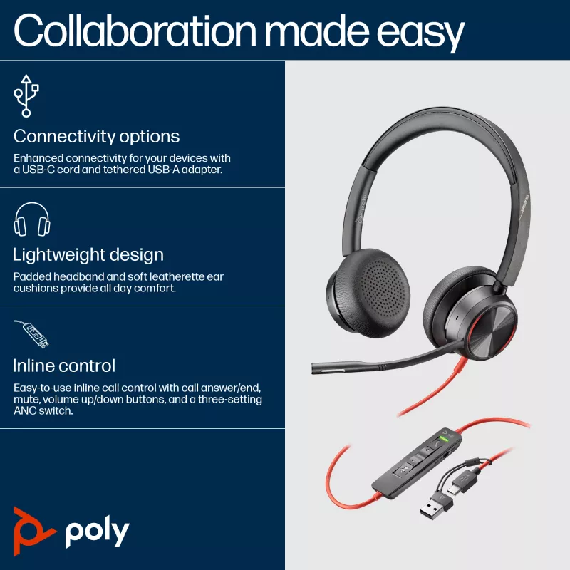 HP Poly Blackwire 8225 Stereo USB-C Austiņas + USB-C/A Adapteris