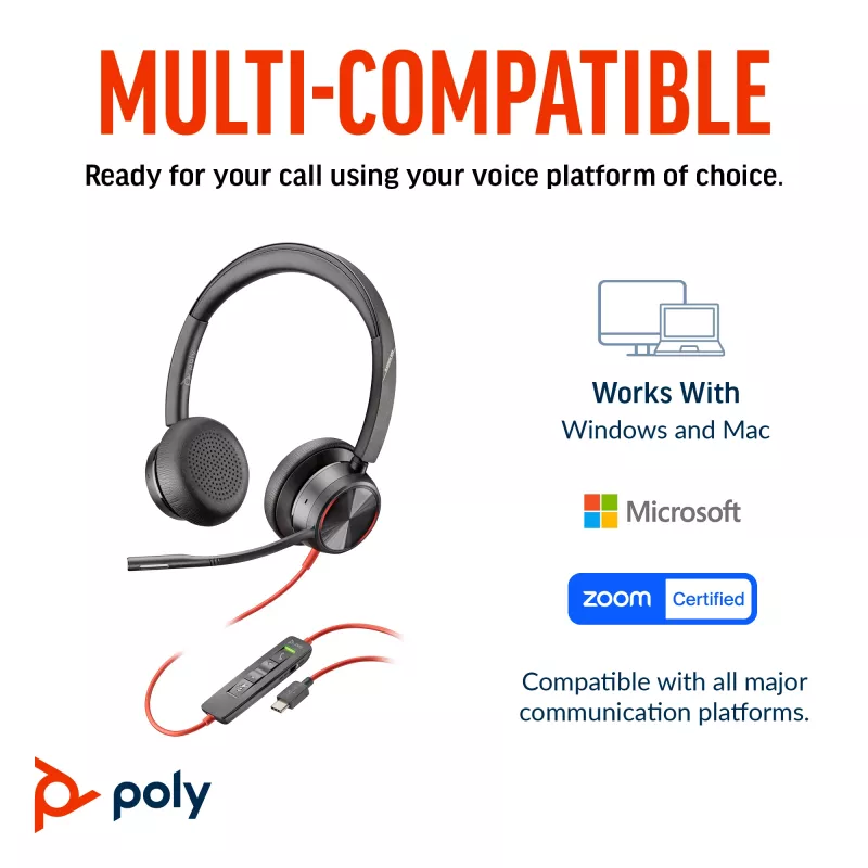 HP Poly Blackwire 8225 Stereo USB-C Austiņas + USB-C/A Adapteris
