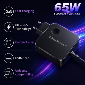 Qoltec GaN 65W USB-C lādētājs PD PPS 5V-21V 3A/3.25A