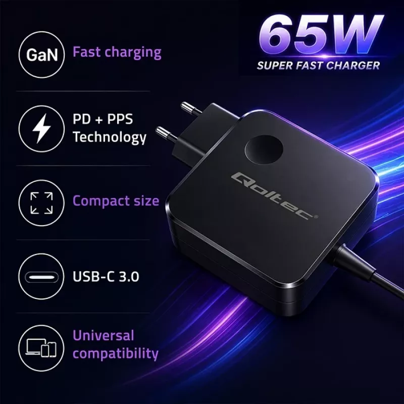 Qoltec GaN 65W USB-C lādētājs PD PPS 5V-21V 3A/3.25A