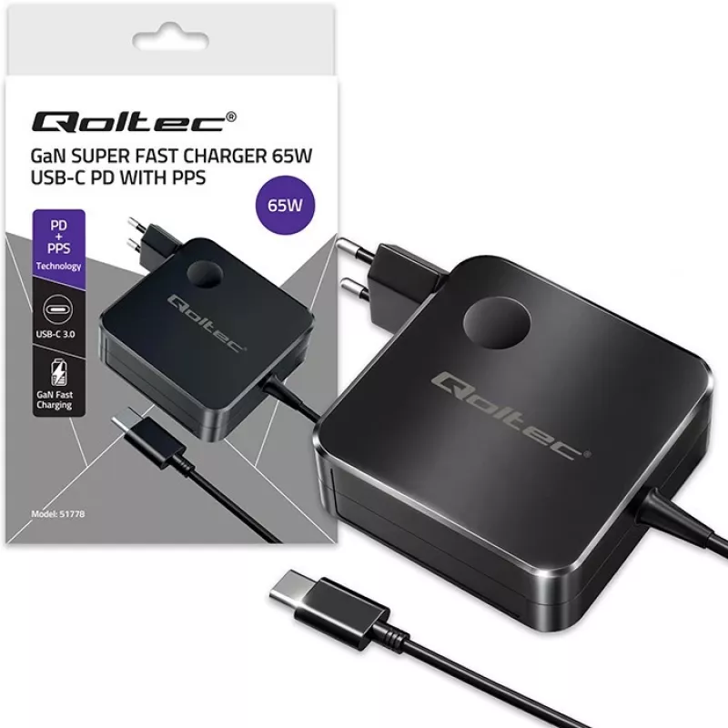 Qoltec GaN 65W USB-C lādētājs PD PPS 5V-21V 3A/3.25A