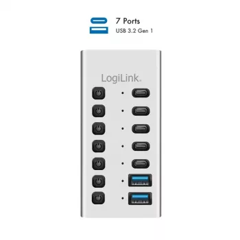 USB 3.2 Gen 1 7 portu USB-A/C centrmezgls ar ieslēgšanas/izslēgšanas slēdžiem