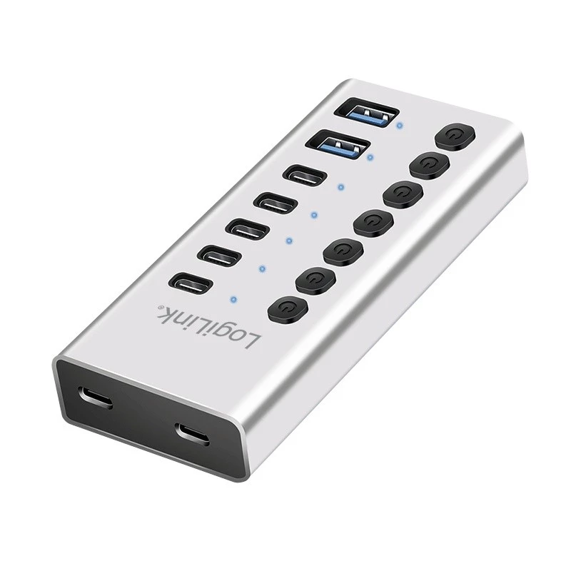 USB 3.2 Gen 1 7 portu USB-A/C centrmezgls ar ieslēgšanas/izslēgšanas slēdžiem