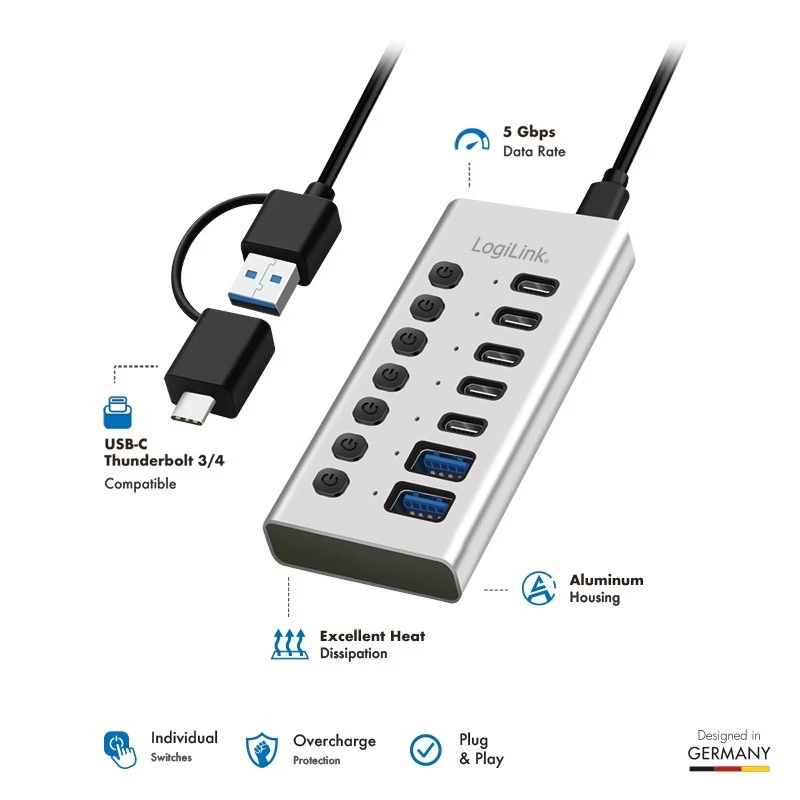 USB 3.2 Gen 1 7 portu USB-A/C centrmezgls ar ieslēgšanas/izslēgšanas slēdžiem