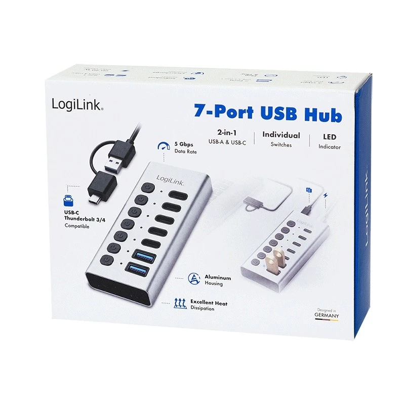 USB 3.2 Gen 1 7 portu USB-A/C centrmezgls ar ieslēgšanas/izslēgšanas slēdžiem