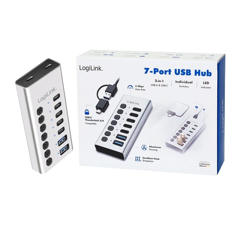 USB 3.2 Gen 1 7 portu USB-A/C centrmezgls ar ieslēgšanas/izslēgšanas slēdžiem