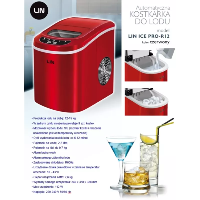 Pārnēsājams ledus gabaliņu ražotājs LIN ICE PRO-R12 sarkans
