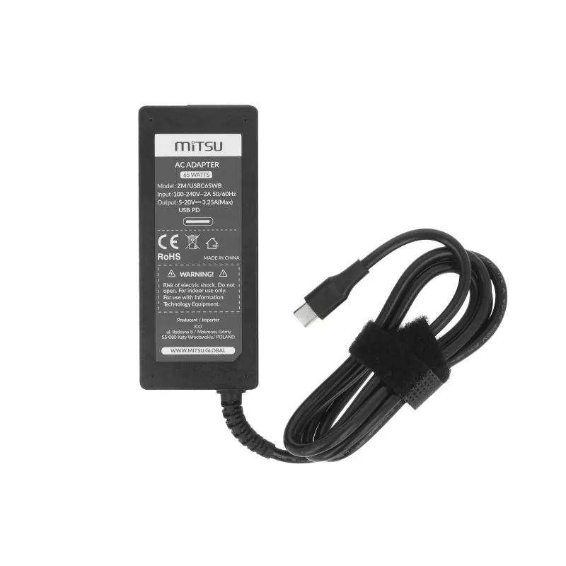 Lādētājs klēpjdatoram 65W USB-C 5V-9V-12V-15V-20V/3A, 20V/3.25A PD