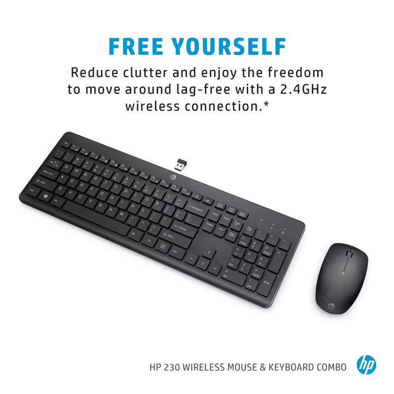 HP 230 Bezvadu tastatūras un peles komplekts, pilna izmēra, RF bezvadu, membrānas, melns, pele iekļauta