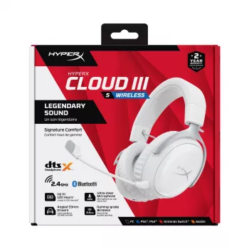 HyperX Cloud III S - Bezvadu spēļu austiņas (Balta), Bezvadu, 20 - 20000 Hz, Spēlēm, 340 g, Austiņas, Balta