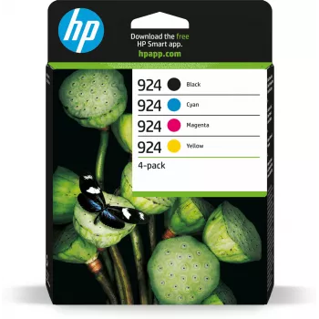 HP 924 CMYK oriģinālās tintes kasetnes 4 komplektā, standarta iznākums, melna, ciāna, fuksīna, dzeltena, 4 gab., 500 lpp., 400 lpp., viens iepakojums