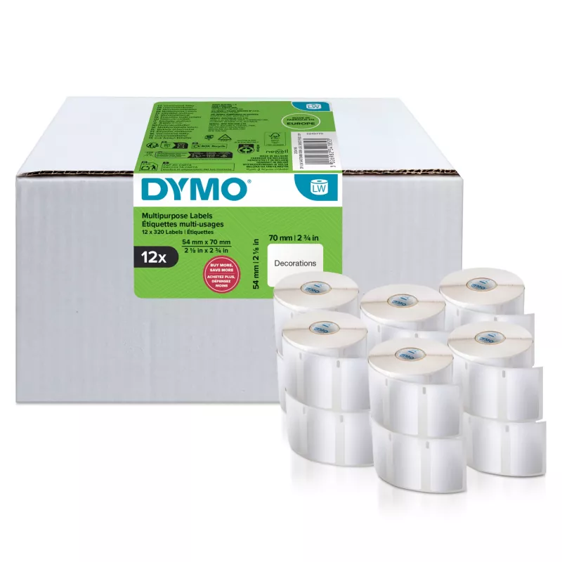 DYMO oriģinālās etiķetes LabelWriter daudzfunkcionālajām etiķetēm | 54 mm x 70 mm | Pašlīmējošas | 12 ruļļi pa 320 Easy-Peel etiķetēm (3840 gab.) | LabelWriter etiķešu printeriem | Ražotas Eiropā