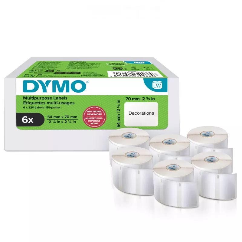 DYMO oriģinālās LabelWriter daudzfunkciju etiķetes | 54 mm x 70 mm | Pašlīmējošas | 6 ruļļi pa 320 viegli atdalāmām etiķetēm (1920 gab.) | LabelWriter etiķešu printeriem | Ražots Eiropā
