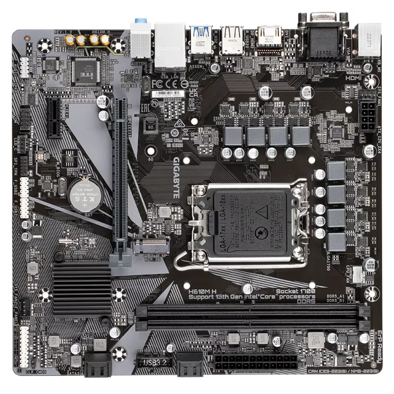 GIGABYTE H610M H Mātesplate – atbalsta Intel Core 14. paaudzes CPU, 6+1+1 hibrīda digitālais VRM, līdz 5600MHz DDR4 (OC), 1xPCIe 3.0 M.2, GbE LAN, USB 3.2 Gen 1