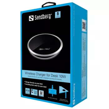 Sandberg Wireless Charger 10W galdam, iekšējais, USB, bezvadu uzlāde, 0.8 m, Melns