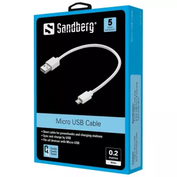 Sandberg MicroUSB sinhronizācijas/lādēšanas kabelis 0,2 m, balts