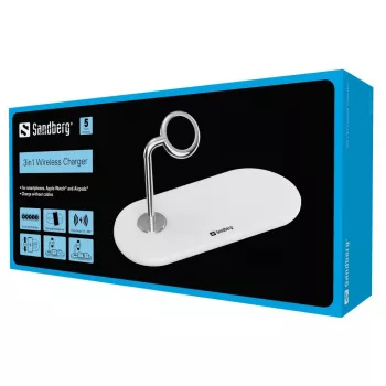 Sandberg 3in1 bezvadu lādētājs, iekštelpām, USB, bezvadu uzlāde, 0.8 m, sudrabs, balts