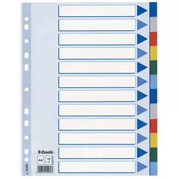 Esselte Dalītājs PP A4 12 cilnes, Tukšs cilnes indekss, Polivinilhlorīds (PVC), Daudzkrāsains, A4, 2, 4, 6, 225 mm