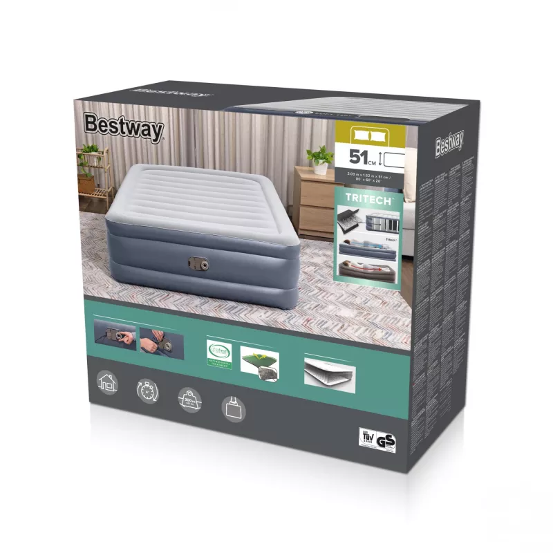 Bestway Tritech gaisa matracis Queen ar iebūvētu sūkni un pretmikrobu pārklājumu 2.03 m x 1.52 m x 51 cm