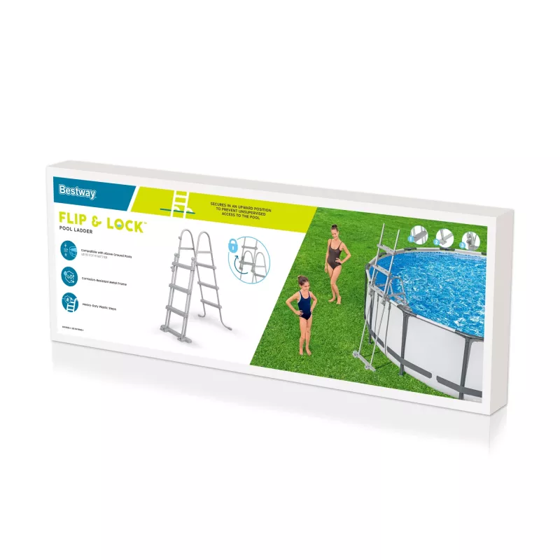 Bestway Flip & Lock kāpnes virszemes baseinam 1,07 m, Pelēkas, Metāls, 150 kg, 3 pakāpieni, 107 cm