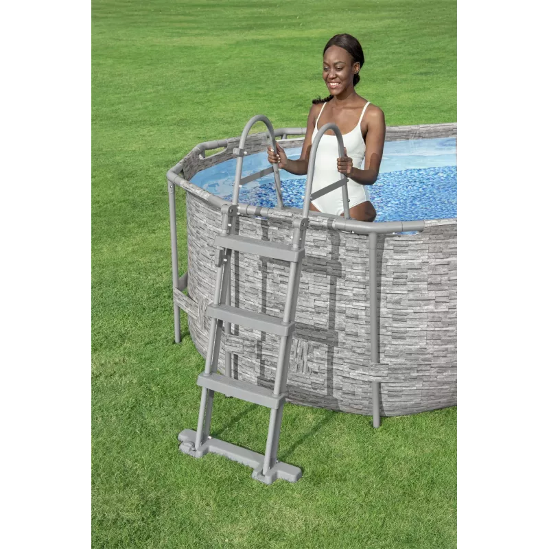 Bestway Flip & Lock kāpnes virszemes baseinam 1,07 m, Pelēkas, Metāls, 150 kg, 3 pakāpieni, 107 cm