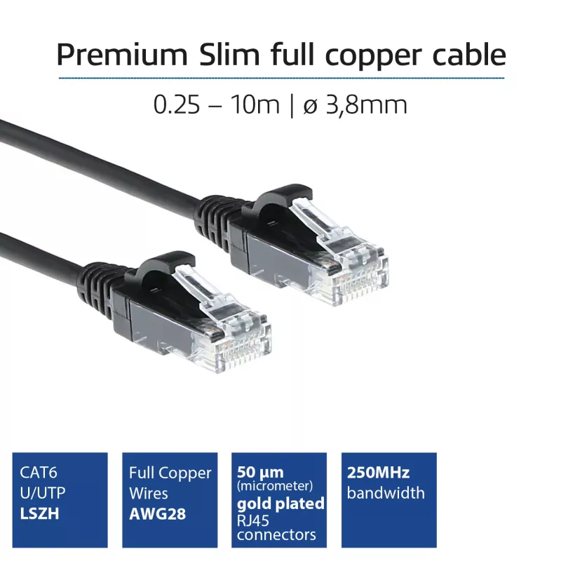 ACT Black 0,5 metra LSZH U/UTP CAT6 datacentra plānais savienojuma kabelis ar aizsargvāciņu un RJ45 savienotājiem