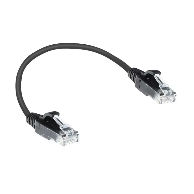 ACT Black 0,15 metru LSZH U/UTP CAT6 datacentra plānais lēciena kabelis, bez aizķeršanās, ar RJ45 savienotājiem