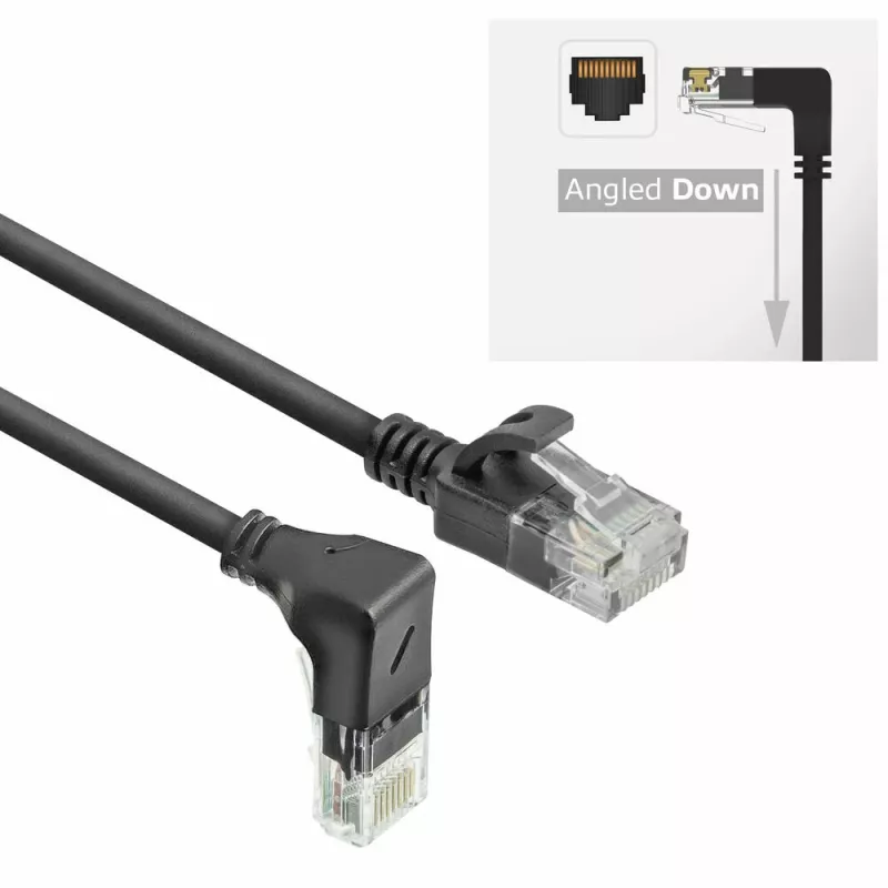 ACT Black 1.5 metri U/UTP CAT6A LSZH plānais tīkla kabelis ar RJ45 savienotājiem 90° leņķī uz leju līdz taisnam