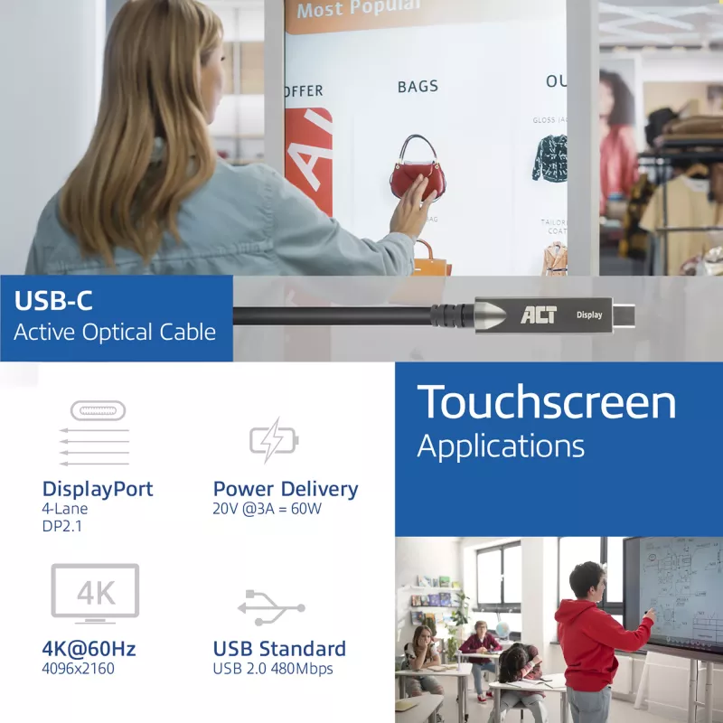 ACT USB-C 3.2 Gen2 aktīvais optiskais kabelis (AOC), skārienpaneli, video, dati, barošana, 3m