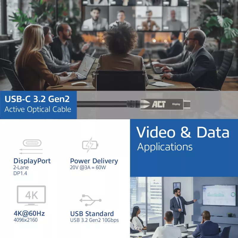 ACT USB-C 3.2 Gen2 aktīvais optiskais kabelis (AOC), skārienpaneli, video, dati, barošana, 3m