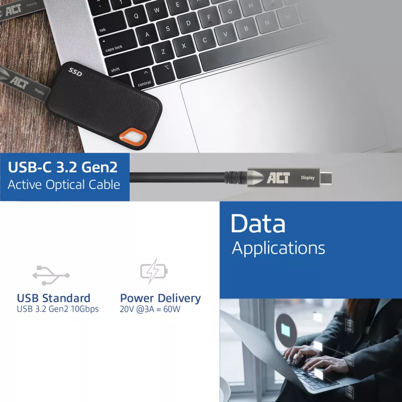 ACT USB-C 3.2 Gen2 aktīvais optiskais kabelis (AOC), skārienpaneli, video, dati, barošana, 3m