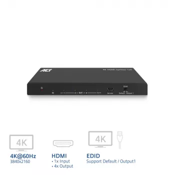 ACT 4K HDMI sadalītājs, 1 ieeja 4 izejas, EDID atbalsts, 3840x2160, Melns