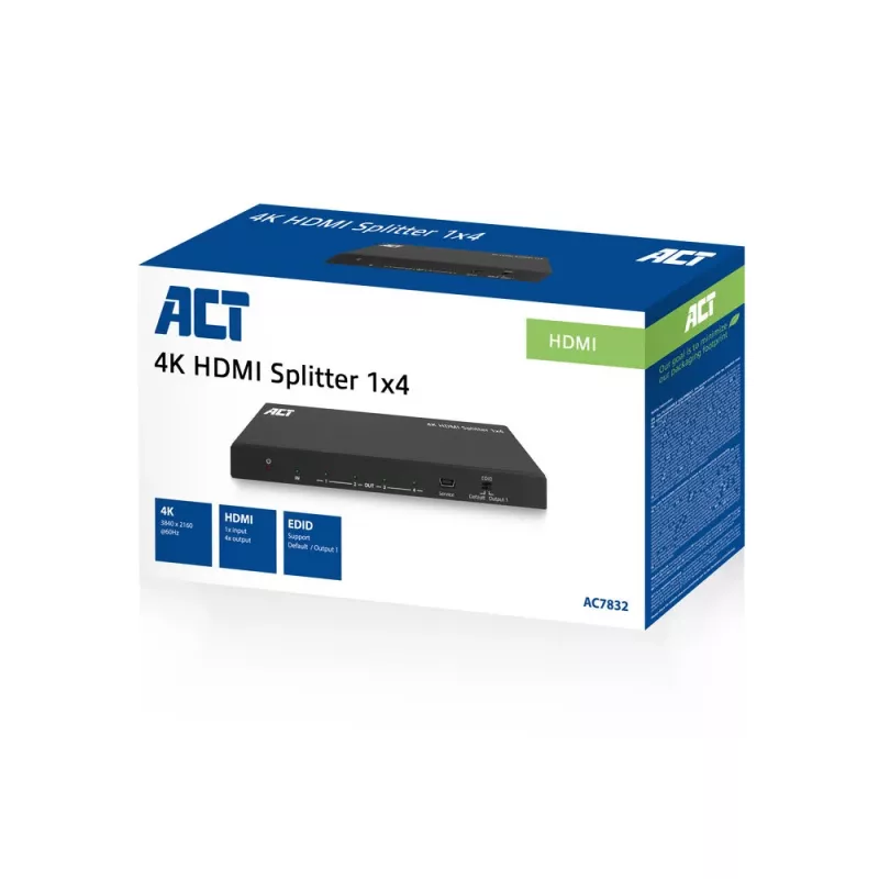 ACT 4K HDMI sadalītājs, 1 ieeja 4 izejas, EDID atbalsts, 3840x2160, Melns