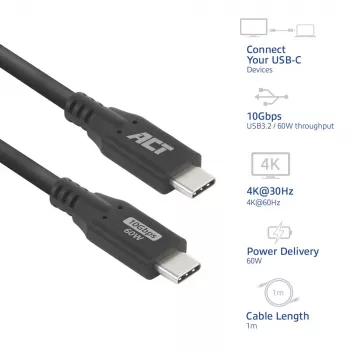 ACT USB 3.0 10Gbps 60W USB Type-C kabelis, 1 metrs, USB C – USB C, USB 3.2 Gen 2 (3.1 Gen 2), 10 Gbit/s, Melns