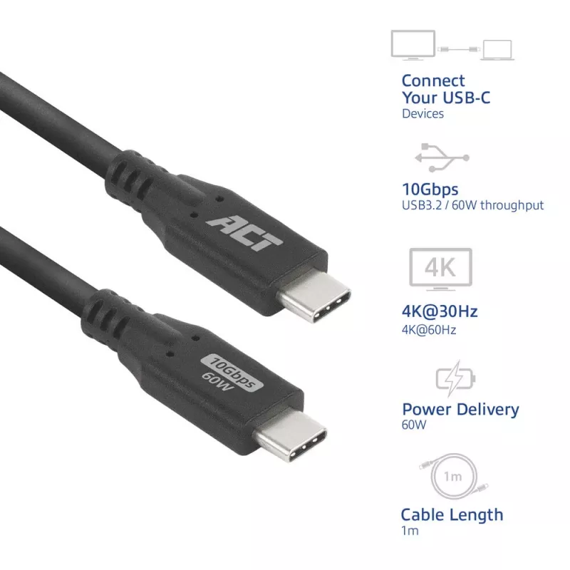 ACT USB 3.0 10Gbps 60W USB Type-C kabelis, 1 metrs, USB C – USB C, USB 3.2 Gen 2 (3.1 Gen 2), 10 Gbit/s, Melns
