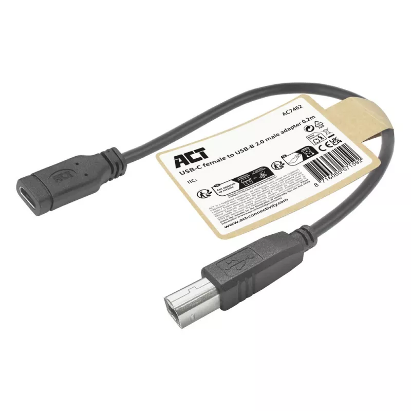 ACT USB Type-C sievišķais uz USB-B 2.0 printera adaptera kabelis 0.2m