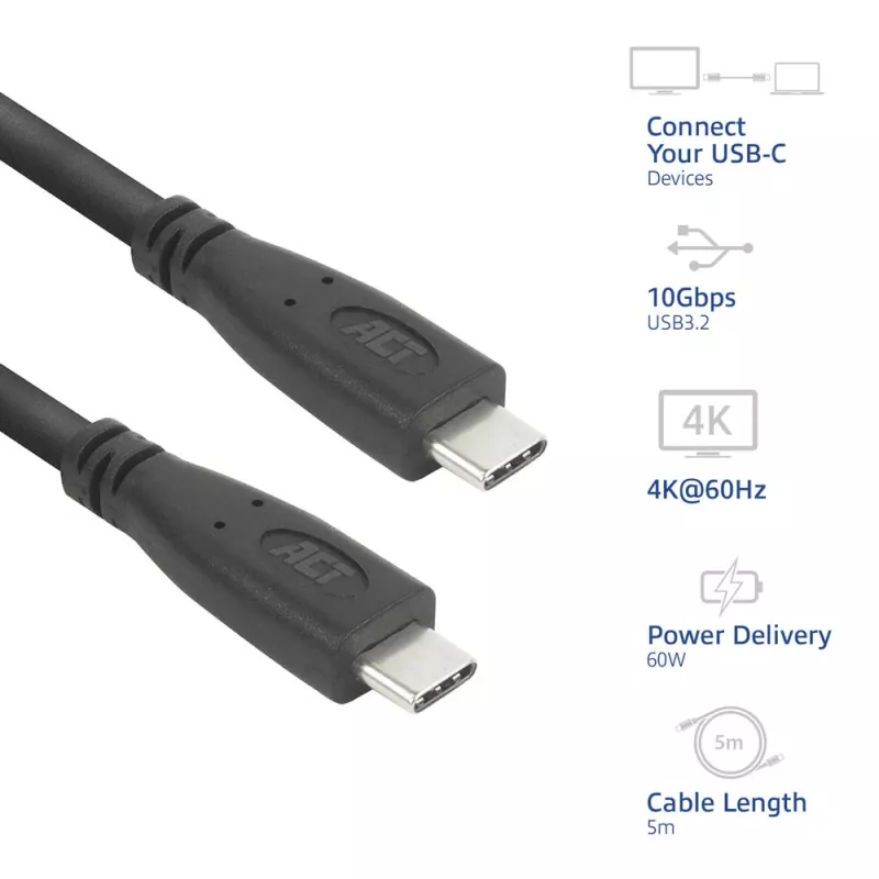 ACT AC7445 USB kabelis USB 3.2 Gen 2 (3.1 Gen 2) 5 m USB C 10 Gbit/s 60 W Melns
